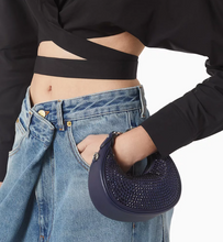 Load image into Gallery viewer, Navy blue beaded textured pouch with silver zippers wristlet bag party