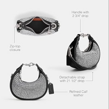 Load image into Gallery viewer, Coach Black handbag with rhinestone embellishments and features labeled on a white background