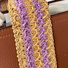 Load image into Gallery viewer, Close-up of a woven belt with purple and gold pattern on a brown leather surface.