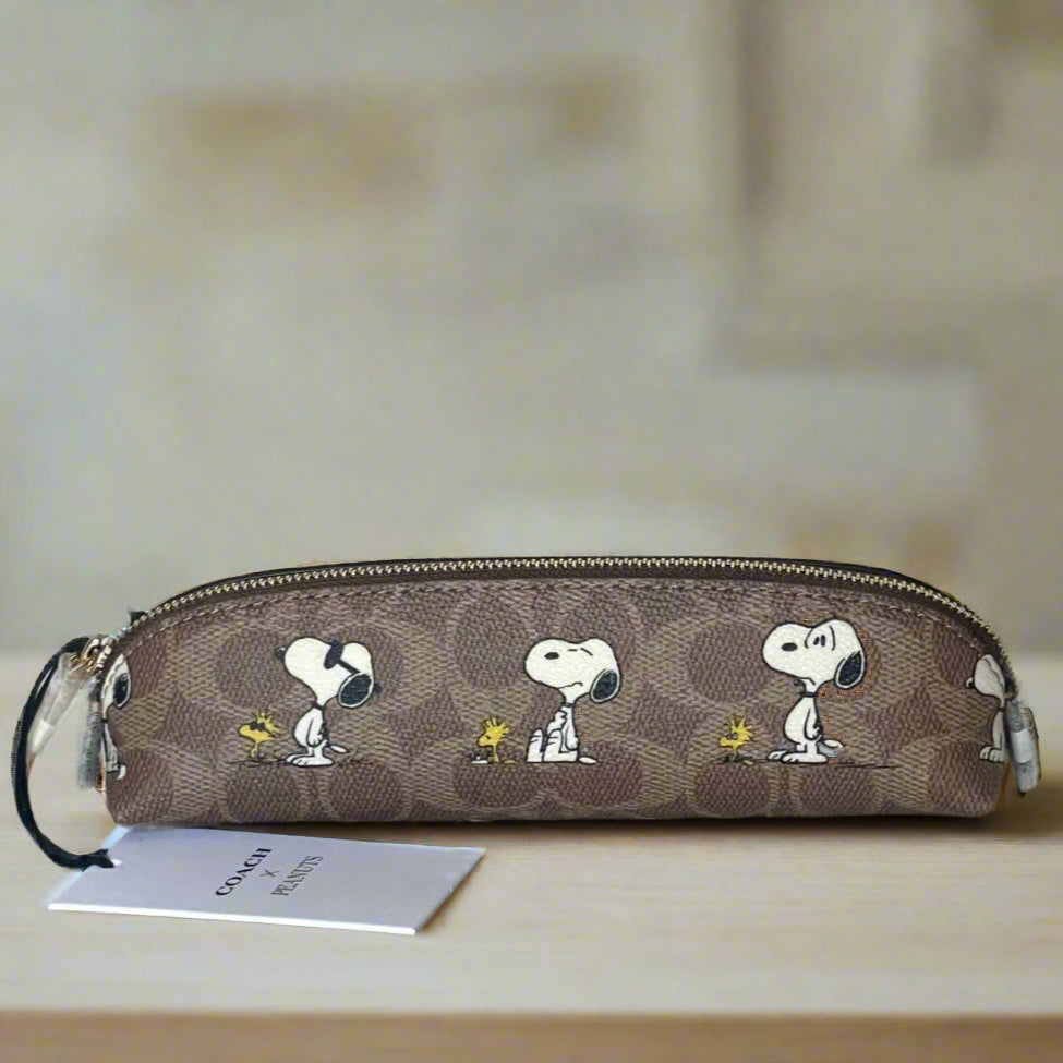 Coach X Peanuts Pencil Case CBT17 Snoopy Brown Signature Canvas Leathe