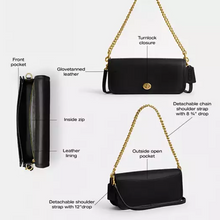 Load image into Gallery viewer, Black handbag with gold chain strap, featuring various design elements and features on a white background.