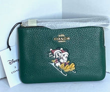 Load image into Gallery viewer, Coach x Disney Corner Zip Wristlet Green Leather Sled Minnie Mickey Holiday CN025