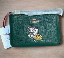 Load image into Gallery viewer, Coach x Disney Corner Zip Wristlet Green Leather Sled Minnie Mickey Holiday CN025