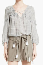 Load image into Gallery viewer, Derek Lam Shirt Womens 10 Gray V-Neck Stripe Cotton Tunic Tassel Tie Top