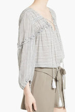 Load image into Gallery viewer, Derek Lam Shirt Womens 10 Gray V-Neck Stripe Cotton Tunic Tassel Tie Top