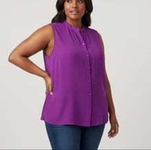 Load image into Gallery viewer, Purple sleeveless blouse on a hanger with a white background