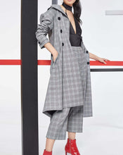 Load image into Gallery viewer, Elie Tahari Trench Coat Womens Extra Large Gray Double Breasted Plaid Belted Jacket
