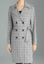 Load image into Gallery viewer, Elie Tahari Trench Coat Womens Extra Large Gray Double Breasted Plaid Belted Jacket