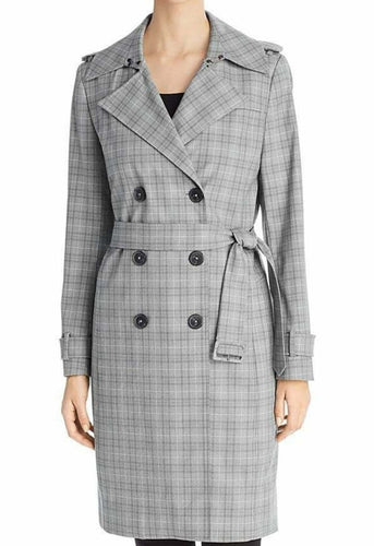 Elie Tahari Trench Coat Womens Extra Large Gray Double Breasted Plaid Belted Jacket