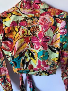 Hemant Nandita Crop Top Womens Small Wrap Long Sleeve V-Neck Floral Cotton