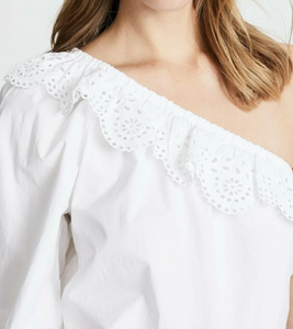 Joie Shirt Womens Medium White One-Shoulder White Cotton Eyelet Ruffle Trim Top