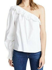 Joie Shirt Womens Medium White One-Shoulder White Cotton Eyelet Ruffle Trim Top