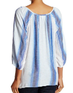 Joie Shirt Womens Small Blue V-Neck Tunic three Quarter Sleeve Blue Cotton Stripe Top