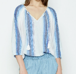 Joie Shirt Womens Small Blue V-Neck Tunic three Quarter Sleeve Blue Cotton Stripe Top