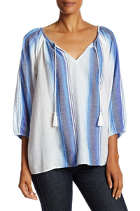Joie Shirt Womens Small Blue V-Neck Tunic 3/4 Sleeve Blue Cotton Stripe Top