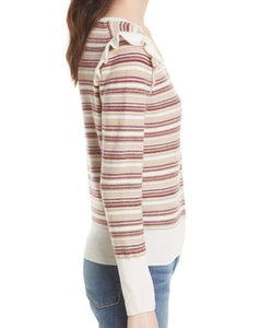 Joie Sweater Womens Large V-Neck Stripe Wool Cashmere  Ruffle Beige Multi