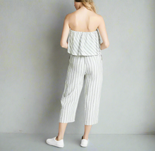 Load image into Gallery viewer, Joie Jumpsuit Womens Small Strapless Wide Leg Crop linen Striped Off White Brogan