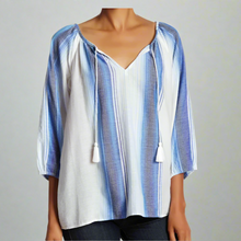 Load image into Gallery viewer, Joie_Shirt_Womens_Small_Blue_V-Neck_Tunic_three_quarter_Sleeve_Blue_Cotton_Stripe_Top