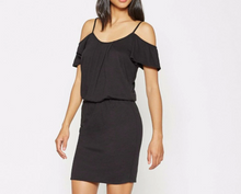 Load image into Gallery viewer, Joie Cold Shoulder Mini Dress Black Stretch Cotton Jersey Blouson Strappy