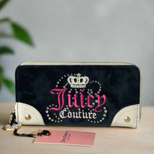 Load image into Gallery viewer, Juicy Couture Dreamy Long Wallet Licorice Crown Velour Crystals Large Black Slim
