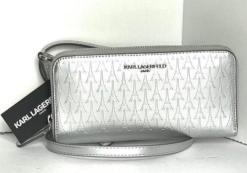Karl Lagerfeld Crossbody Wallet Silver Eiffel Tower Embossed Paris Shoulder Bag