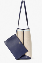 Load image into Gallery viewer, Kate Spade All Day Tote Large Canvas Blue Leather Trim Wristlet Lightweight Natural