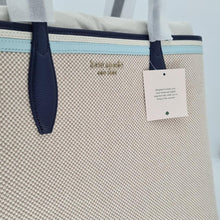 Load image into Gallery viewer, Kate Spade All Day Tote Large Canvas Blue Leather Trim Wristlet Lightweight Natural