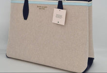 Load image into Gallery viewer, Kate Spade All Day Tote Large Beige Canvas Blue Leather Trim Wristlet Lightweight