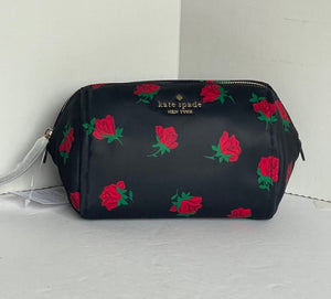 Kate Spade Cosmetic Case Small  Nylon Pouch Chelsea Rose Toss Black Floral KE611
