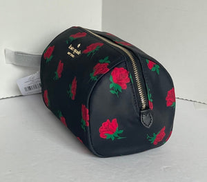 Kate Spade Cosmetic Case Small  Nylon Pouch Chelsea Rose Toss Black Floral KE611