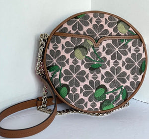 Kate Spade Crossbody Womens Small Brown Canteen Floral Jacquard Cherry Round