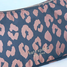 Load image into Gallery viewer, Blue pouch with pink leopard print pattern and 'kate spade New York' logo.