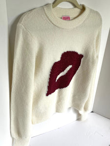 Kate Spade Sweater Womens large Off White Sparkle Kiss Red Lip Cashmere Blend