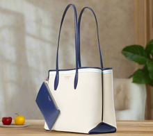Load image into Gallery viewer, Kate Spade All Day Tote Large Canvas Blue Leather Trim Wristlet Lightweight Natural