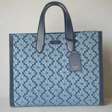 Load image into Gallery viewer, Kate Spade Large Manhattan Tote Bag Blue Flower Jacquard Denim Shoulder Strap