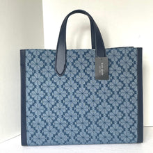 Load image into Gallery viewer, Kate Spade Large Manhattan Tote Bag Blue Flower Jacquard Denim Shoulder Strap