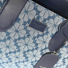 Load image into Gallery viewer, Kate Spade Large Manhattan Tote Bag Blue Flower Jacquard Denim Shoulder Strap