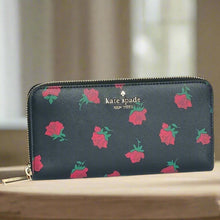Load image into Gallery viewer, Kate Spade Madison Wallet Black Rose Toss Large Continental Wallet Floral Slim