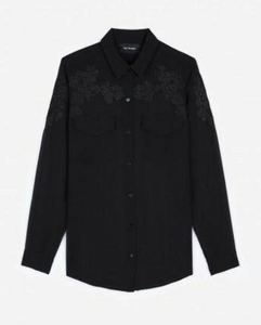 Kooples Shirt Womens Extra Small Black Button Up Floral Embroidered Long Sleeve