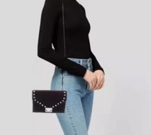 Load image into Gallery viewer, Loeffler Randall Clutch Crossbody Womens Purple Foldover Lock Velvet Rhinestone