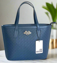 Load image into Gallery viewer, Love Moschino Valentina Small Tote Little Hearts Blue Faux Leather Shopper Bag