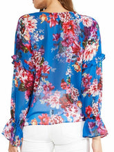 Load image into Gallery viewer, MISA Top Womens Extra Large Blue V-Neck Long Sleeve Floral Capriana Organza