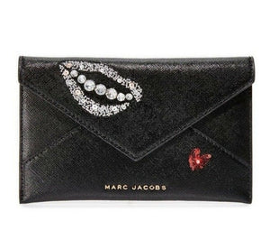 Marc Jacobs Wallet Mini Clutch Womens Black Leather Sequin Heart Beaded Lips