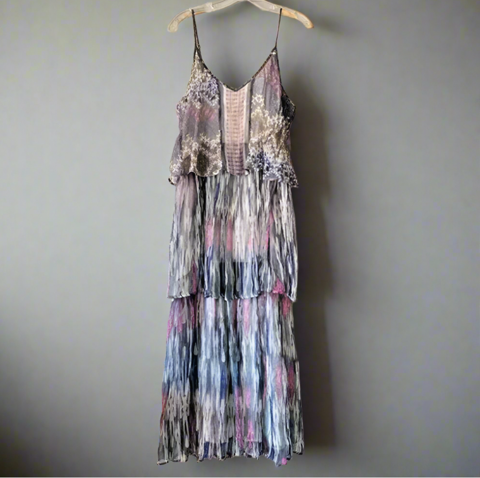 grey and pink maxi dress Anthropologie Maxi Dress Womens 2 Pink Tiered Long Metallic Gray Strap –  Luxe Fashion Finds