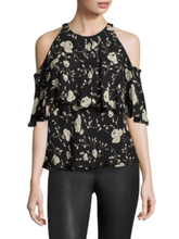 Load image into Gallery viewer, Polo Ralph Lauren Silk Shirt Womens 10 Black Cold-Shoulder Floral Ruffle Blouse Top