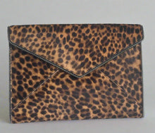 Load image into Gallery viewer, Rebecca Minkoff Clutch Womens Leo Brown Leopard Leather Slim Envelope Zipper Trim
