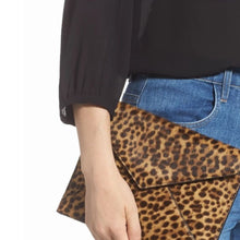 Load image into Gallery viewer, Rebecca Minkoff Leo Envelope Clutch Brown Leopard Leather Slim Zipper Trim