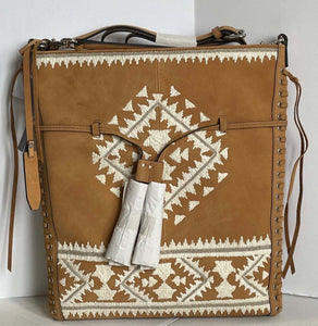 Rebecca Minkoff Crossbody Messenger Bag Brown Suede Leather Aztec Embroidered