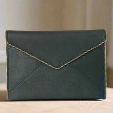 Load image into Gallery viewer, Black envelope clutch with gold zipper on a white background