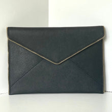Load image into Gallery viewer, Black envelope clutch with gold zipper on a white background